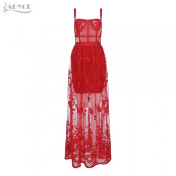 Red Lace Sleeveless Spaghetti Strap Maxi Dress 